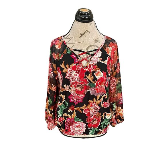 JM Collection Womens Blouse XS Long Sleeve Floral Boho Vacation Travel Resort - Picture 1 of 14
